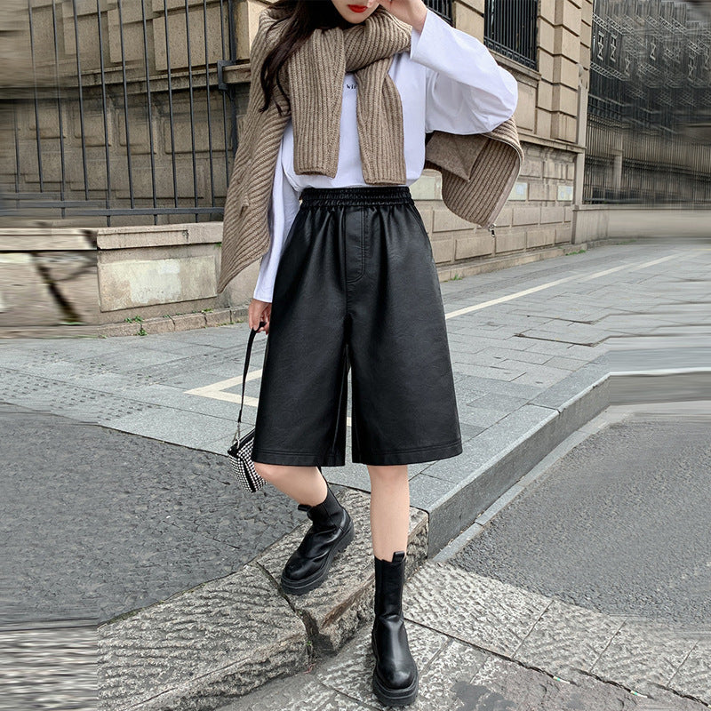 S-3XL PU Leather Shorts Women's Autumn Winter New 2021 high waist elastic Loose Five Points Leather Trouser clothes Shorts