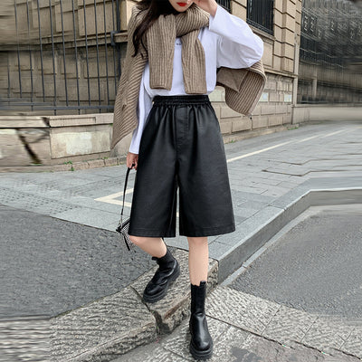 S-3XL PU Leather Shorts Women's Autumn Winter New 2021 high waist elastic Loose Five Points Leather Trouser clothes Shorts