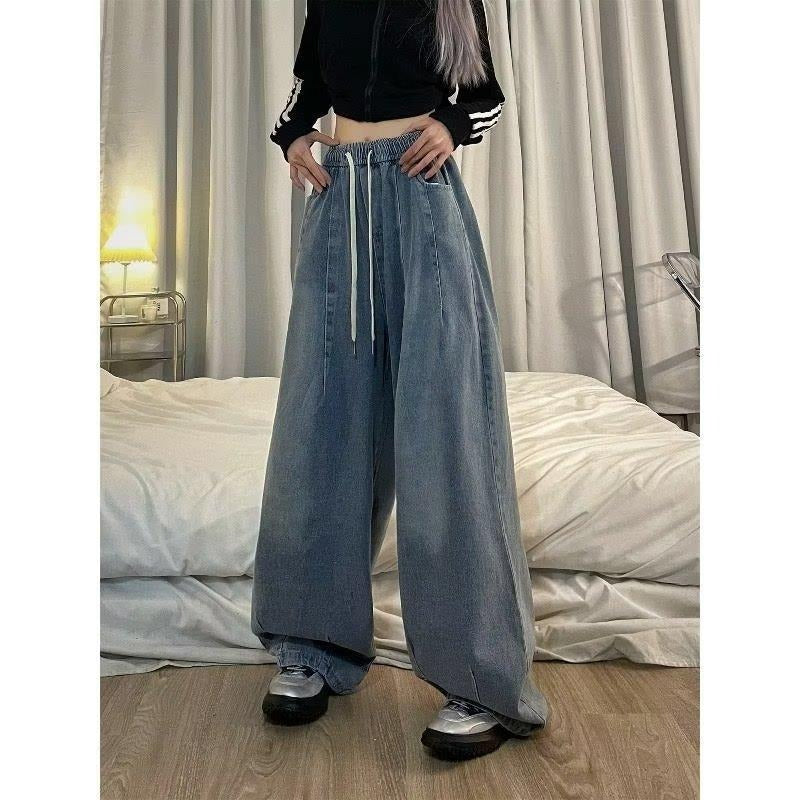 pring Women Vintage Baggy Jeans Elastic Waist Oversized American Trouser Denim Wide Leg Streetwear Straight Basic Pants Y2k
