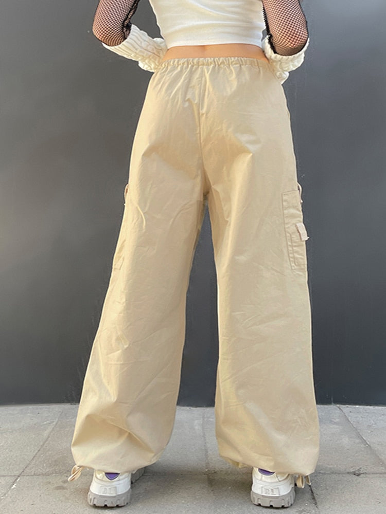 Weekeep Light Khaki Cargo Pants Streetwear 100% Cotton Big Pocket Patchwork Casual Pants Drawstring Low Waist Baggy Trouser Lady