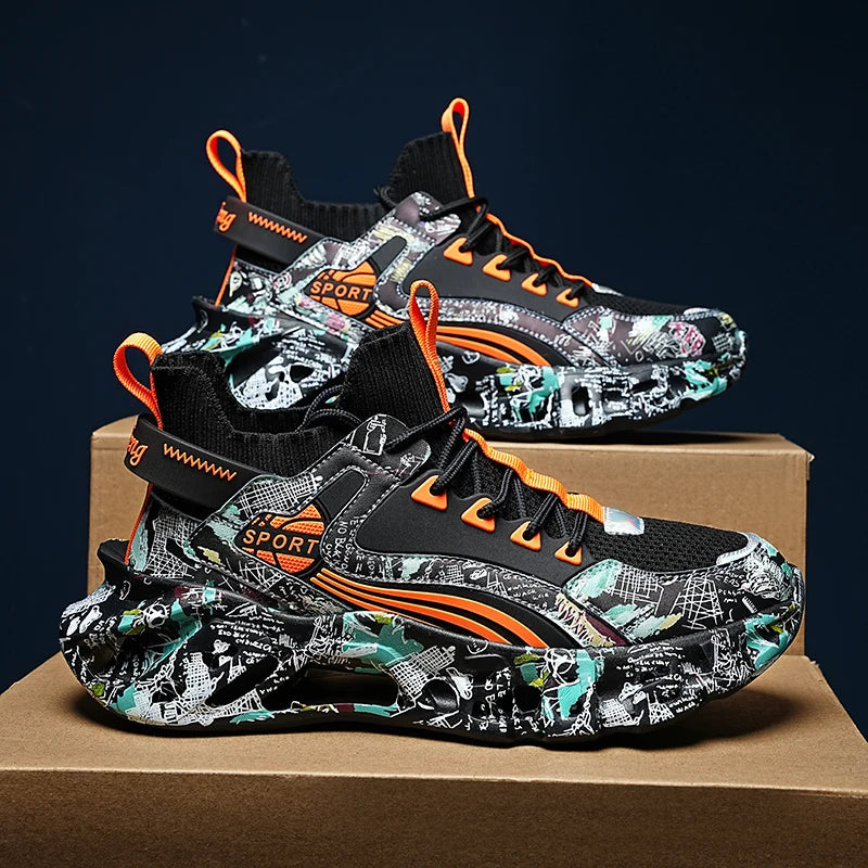 men's athletic sneakers featuring a unique color-blocking design and breathable mesh fabric.