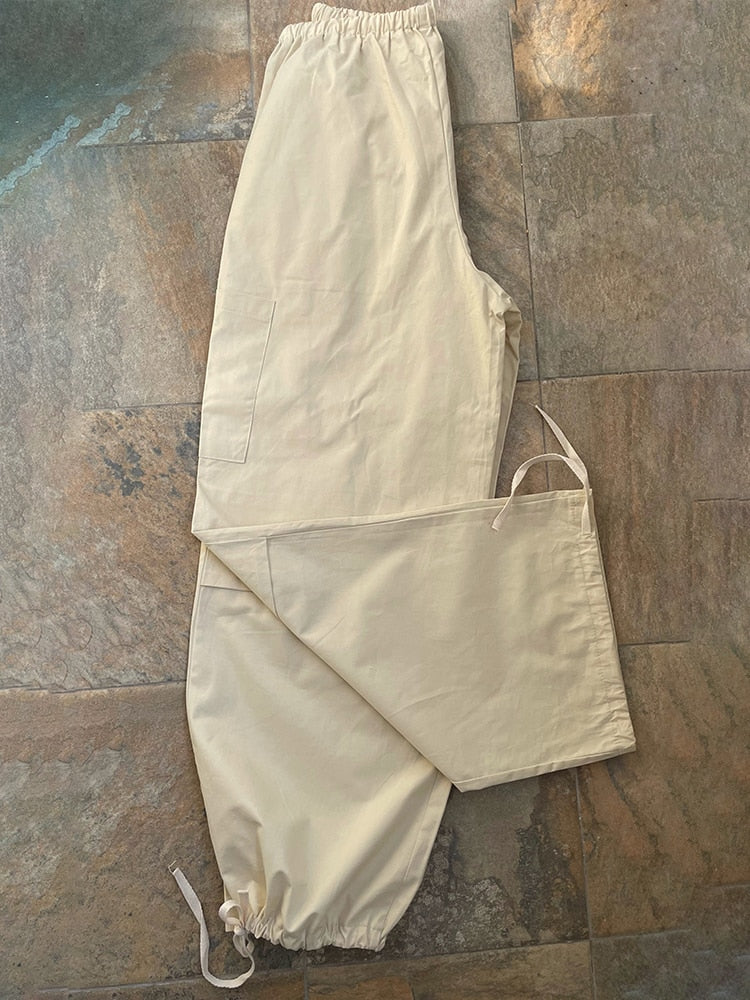 Weekeep Light Khaki Cargo Pants Streetwear 100% Cotton Big Pocket Patchwork Casual Pants Drawstring Low Waist Baggy Trouser Lady