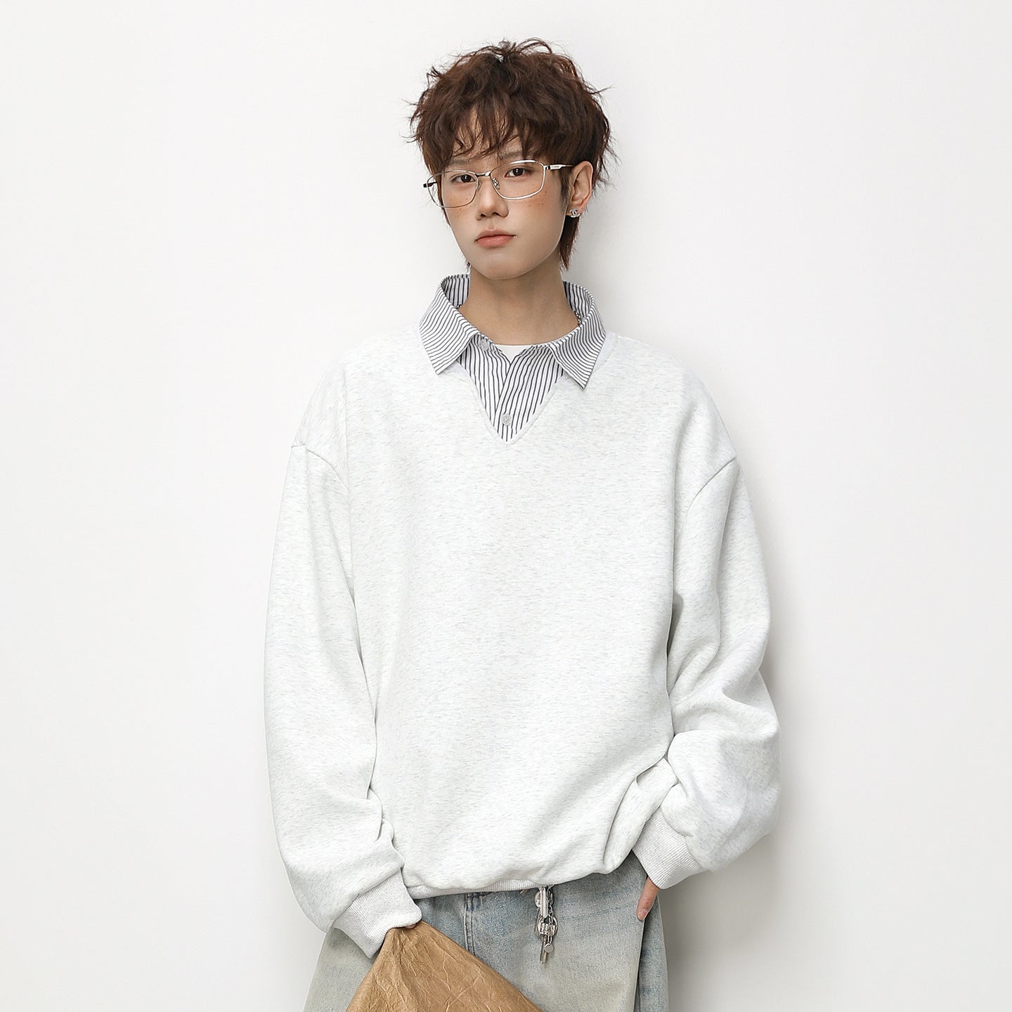 Fake two striped shirts V-neck hoodies
