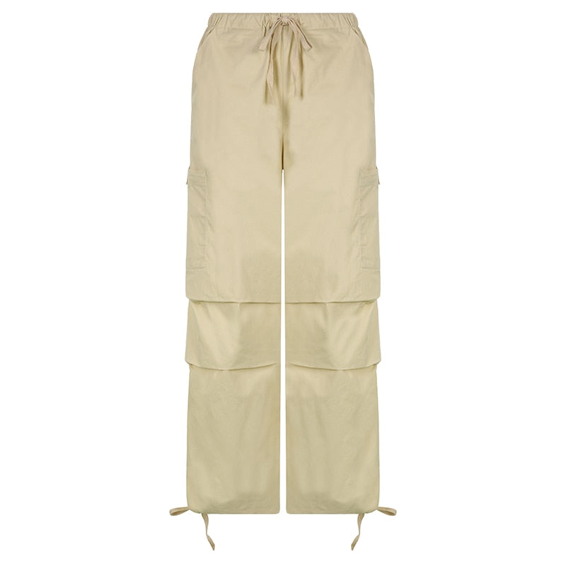 Weekeep Light Khaki Cargo Pants Streetwear 100% Cotton Big Pocket Patchwork Casual Pants Drawstring Low Waist Baggy Trouser Lady