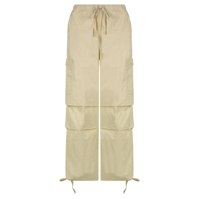 Weekeep Light Khaki Cargo Pants Streetwear 100% Cotton Big Pocket Patchwork Casual Pants Drawstring Low Waist Baggy Trouser Lady
