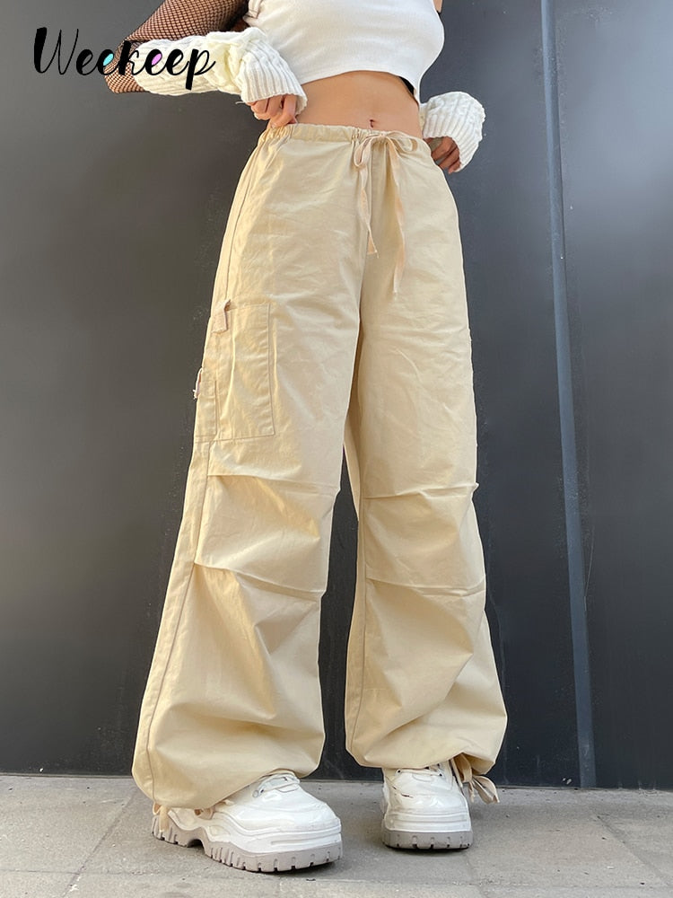 Weekeep Light Khaki Cargo Pants Streetwear 100% Cotton Big Pocket Patchwork Casual Pants Drawstring Low Waist Baggy Trouser Lady