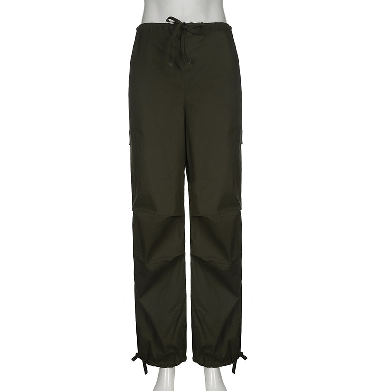Weekeep Light Khaki Cargo Pants Streetwear 100% Cotton Big Pocket Patchwork Casual Pants Drawstring Low Waist Baggy Trouser Lady