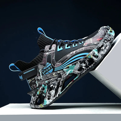 men's athletic sneakers featuring a colorful graphic design and breathable mesh upper.