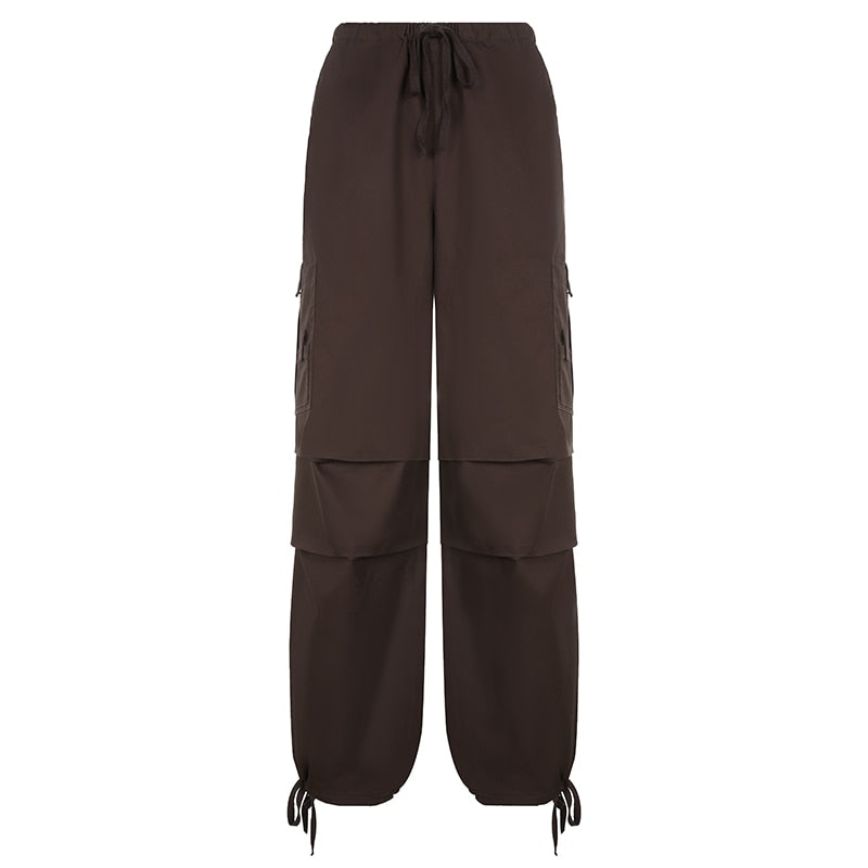 Weekeep Light Khaki Cargo Pants Streetwear 100% Cotton Big Pocket Patchwork Casual Pants Drawstring Low Waist Baggy Trouser Lady