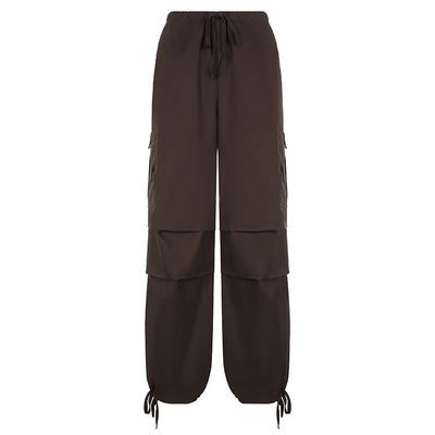 Weekeep Light Khaki Cargo Pants Streetwear 100% Cotton Big Pocket Patchwork Casual Pants Drawstring Low Waist Baggy Trouser Lady