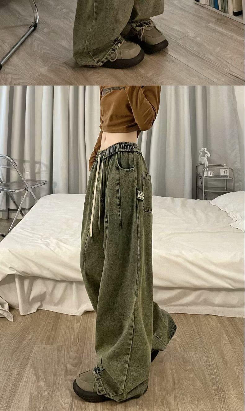 pring Women Vintage Baggy Jeans Elastic Waist Oversized American Trouser Denim Wide Leg Streetwear Straight Basic Pants Y2k