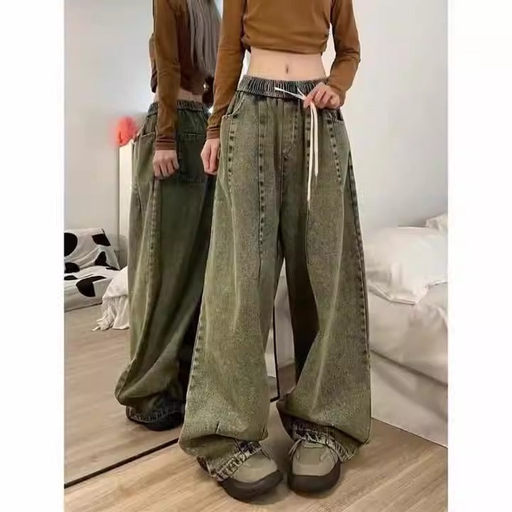 pring Women Vintage Baggy Jeans Elastic Waist Oversized American Trouser Denim Wide Leg Streetwear Straight Basic Pants Y2k