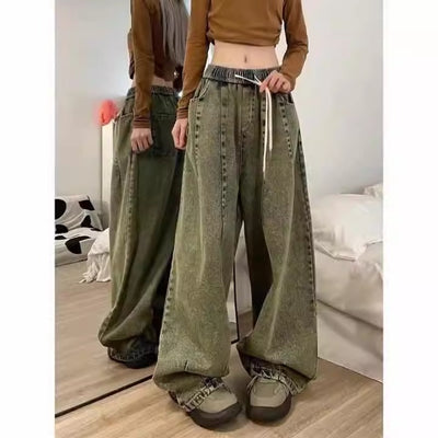 pring Women Vintage Baggy Jeans Elastic Waist Oversized American Trouser Denim Wide Leg Streetwear Straight Basic Pants Y2k