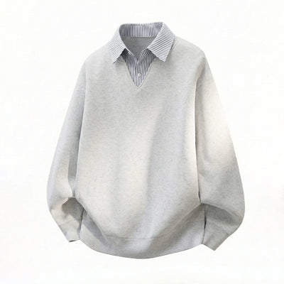 Fake two striped shirts V-neck hoodies
