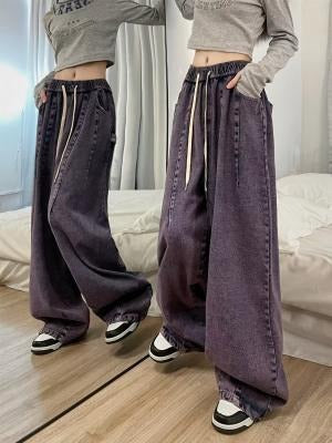pring Women Vintage Baggy Jeans Elastic Waist Oversized American Trouser Denim Wide Leg Streetwear Straight Basic Pants Y2k