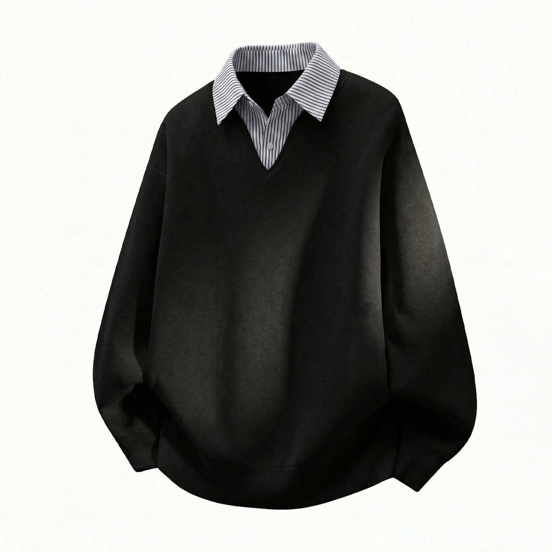 Fake two striped shirts V-neck hoodies