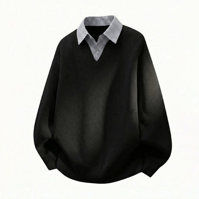 Fake two striped shirts V-neck hoodies