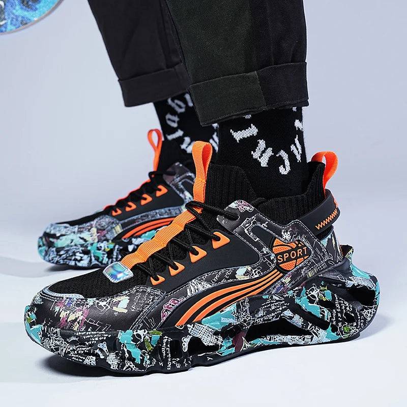 men's athletic sneakers in colorful design with breathable mesh and rubber sole, suitable for casual sports wear.