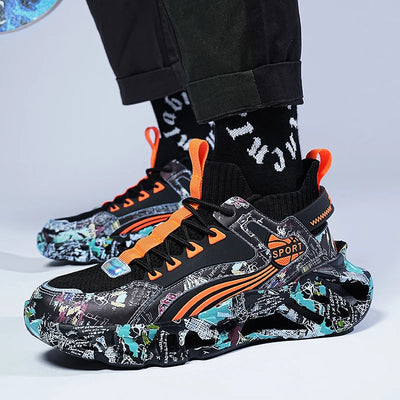 men's athletic sneakers in colorful design with breathable mesh and rubber sole, suitable for casual sports wear.