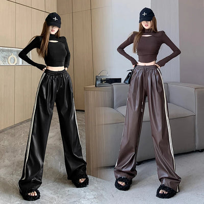 Y2k Drawstring PU Leather Pants Women American Retro Loose Slim Straight Trouser Korean Fashion High Waist Streetwear Bottoms