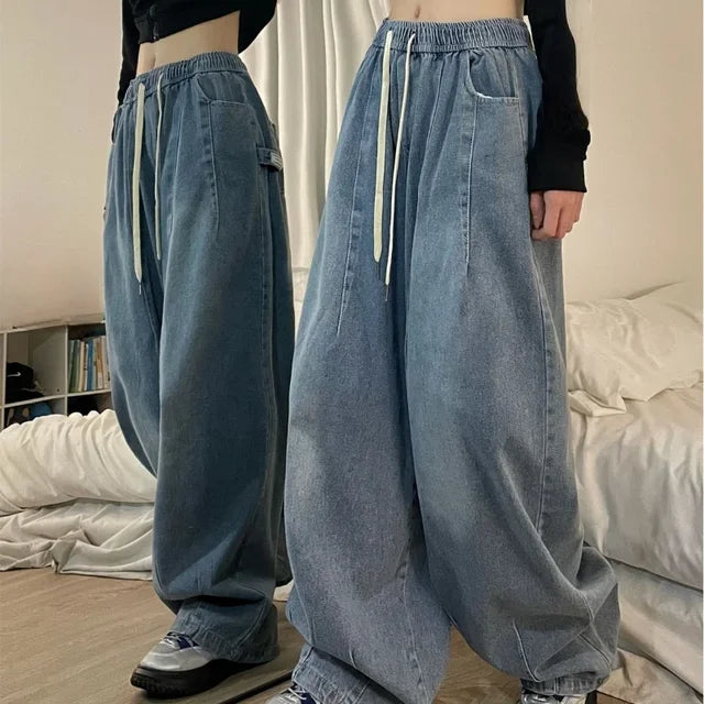Spring Women Vintage Baggy Jeans Elastic Waist Oversized American Trouser Denim Wide Leg Streetwear Straight Basic Pants