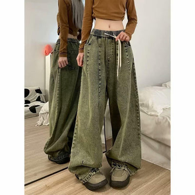 pring Women Vintage Baggy Jeans Elastic Waist Oversized American Trouser Denim Wide Leg Streetwear Straight Basic Pants Y2k