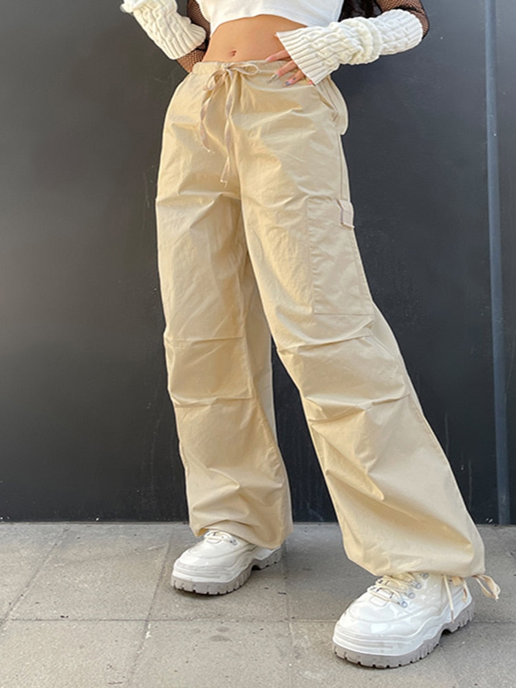 Weekeep Light Khaki Cargo Pants Streetwear 100% Cotton Big Pocket Patchwork Casual Pants Drawstring Low Waist Baggy Trouser Lady