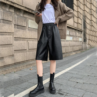 S-3XL PU Leather Shorts Women's Autumn Winter New 2021 high waist elastic Loose Five Points Leather Trouser clothes Shorts